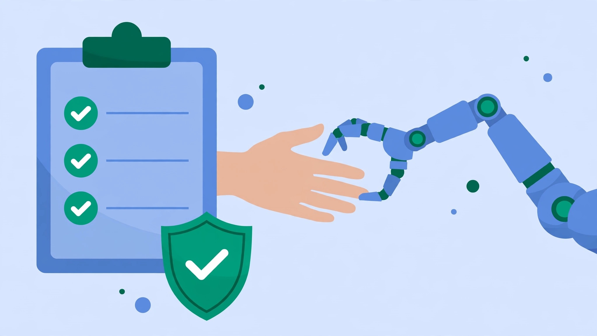 Editorial checklist showing AI content SEO guidelines quality review with checkmarks and a shield