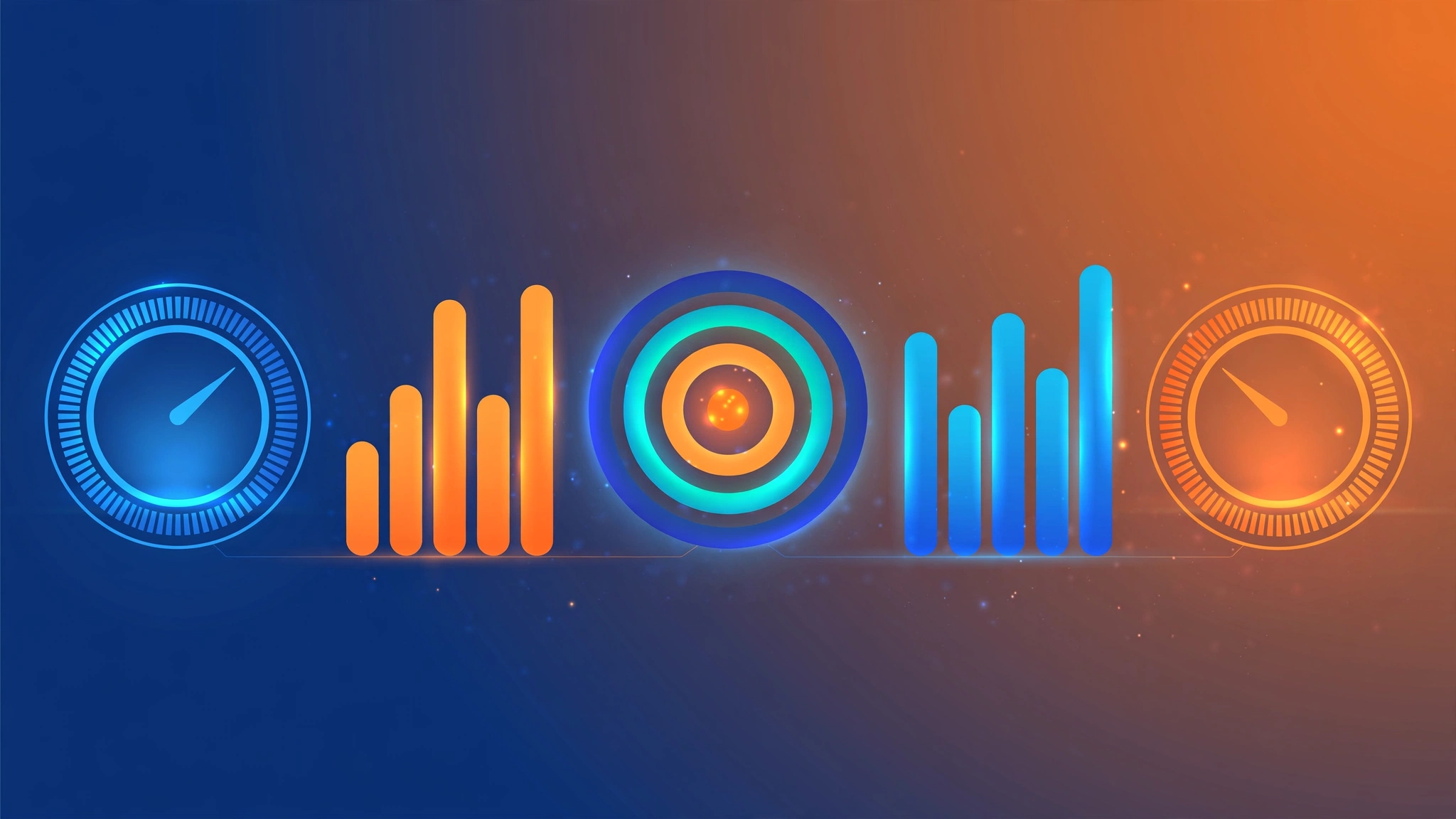 Illustration of glowing metric gauges and charts with a target, representing AI search visibility metrics
