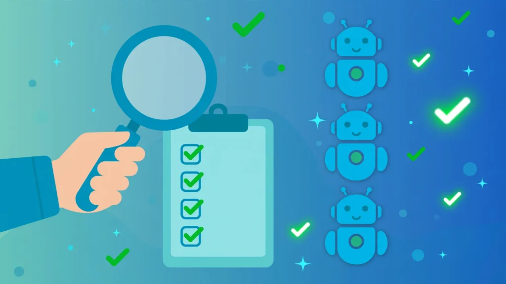 Flat illustration of a dashboard with rising charts and AI assistant badges, representing AI search visibility tracking