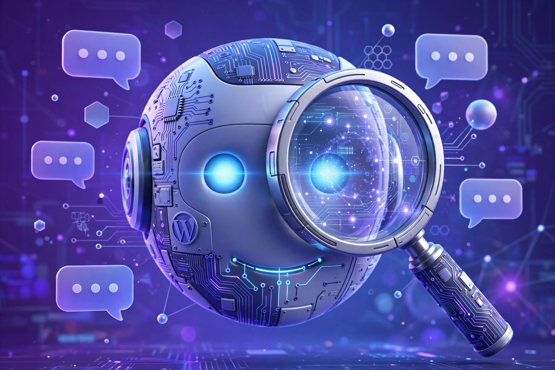 AI robot with magnifying glass showing AI search readiness of SEO plugins