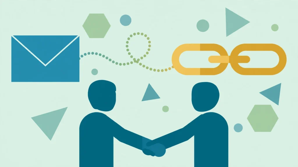 Broken link building process illustrated with a magnifying glass finding dead hyperlinks