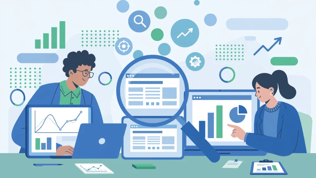 Competitor SEO analysis guide: analysts comparing dashboards, ranking charts, and competitor websites