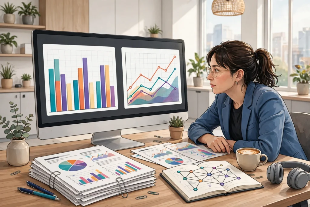 Illustration of data-driven link building with original research charts and reports
