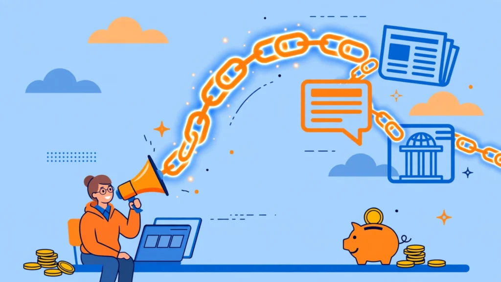 Digital PR link building campaign illustration showing a small business earning media backlinks