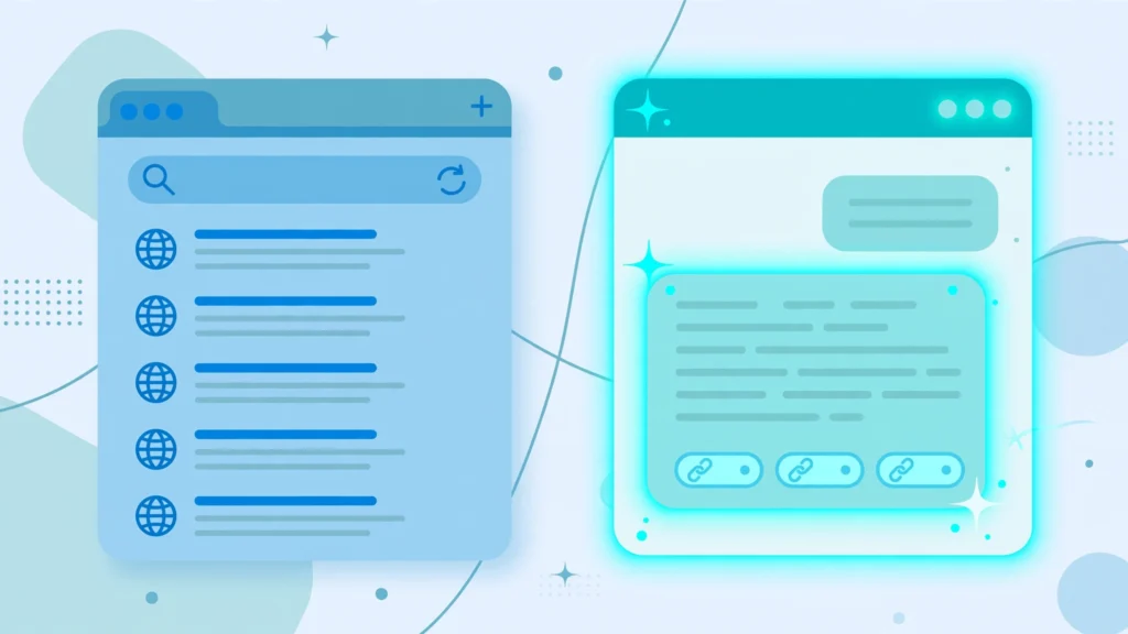 GEO vs SEO comparison: classic blue-link search results versus an AI-generated answer with citations