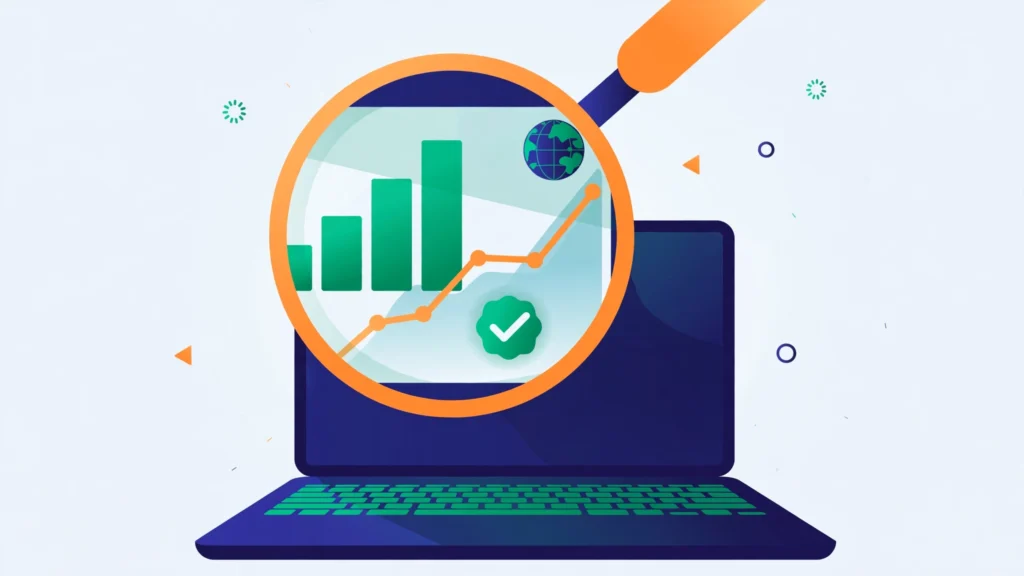 Google Search Console guide dashboard illustration showing analytics charts and a magnifying glass over a laptop