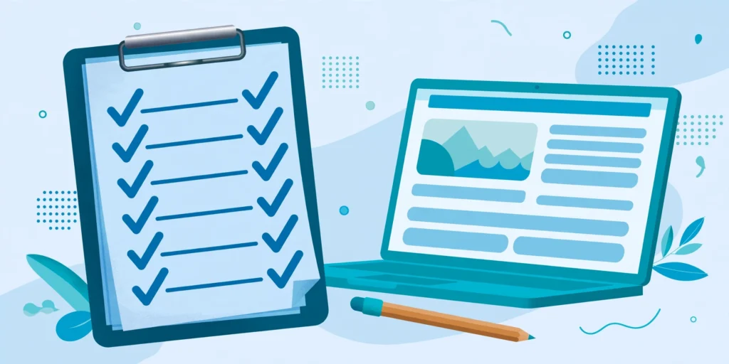 guest post checklist — clipboard with submission checks beside a laptop
