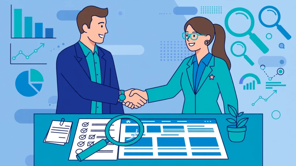 Flat vector illustration showing how to choose an SEO agency — a business owner reviewing agency proposals with a checklist