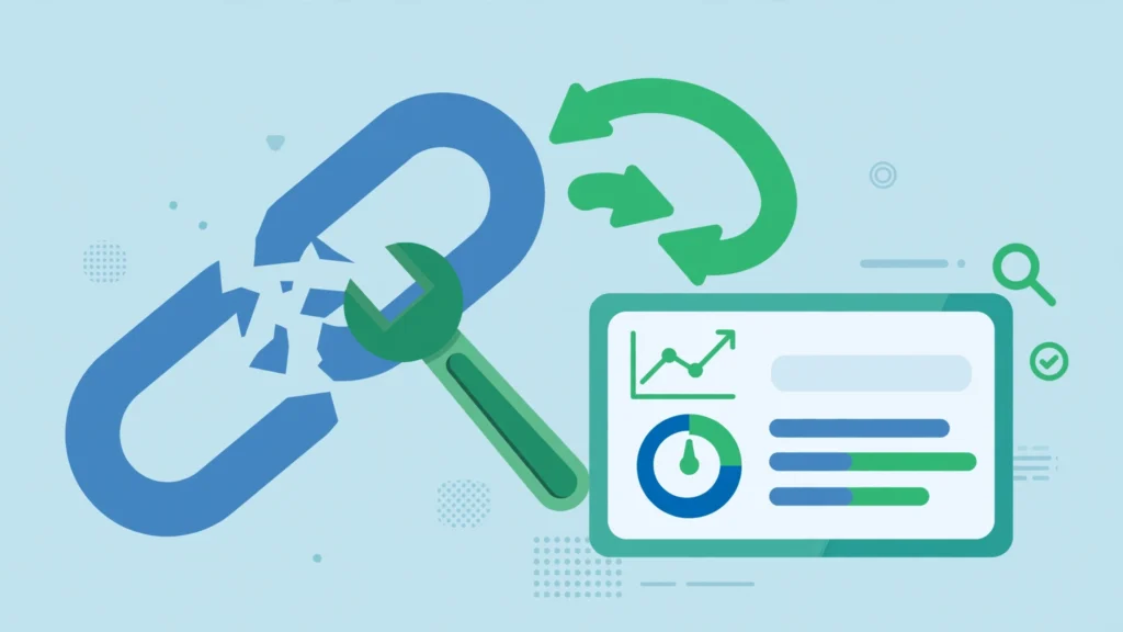 Illustration showing how to fix 404 errors SEO with redirects and link repairs