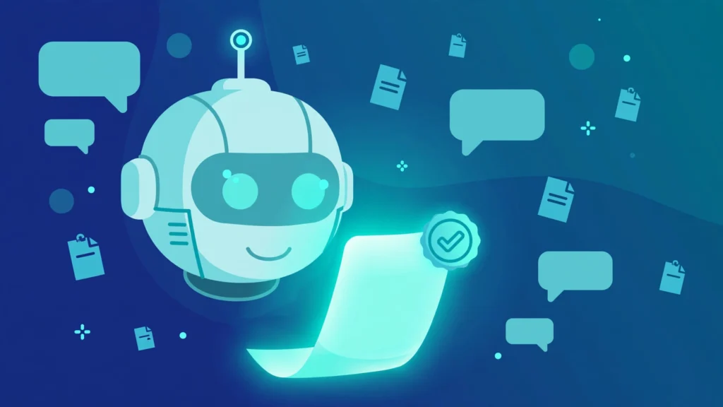 Flat illustration of an AI assistant reading a document with a citation badge, representing how to get cited by ChatGPT