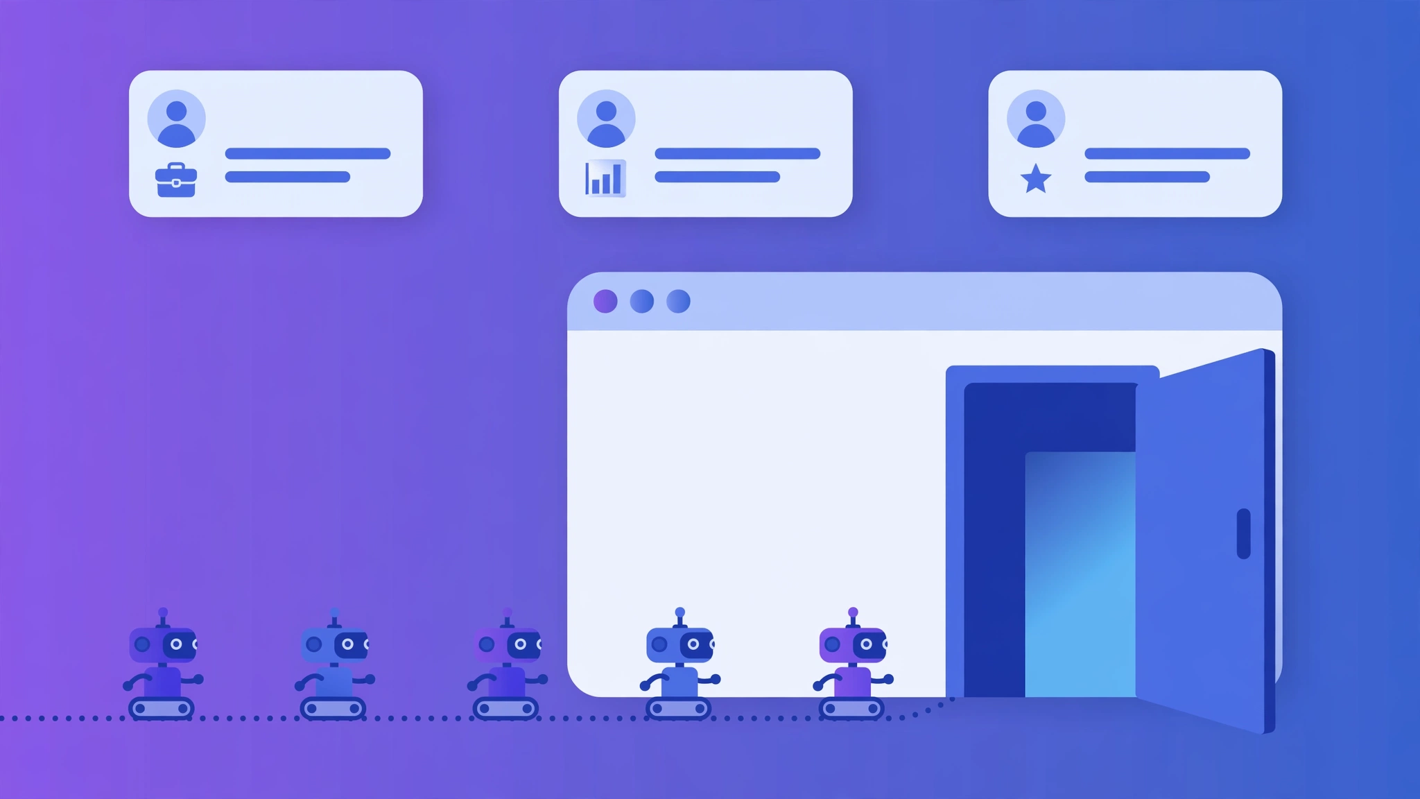 Illustration of AI crawler robots entering a website through an open door