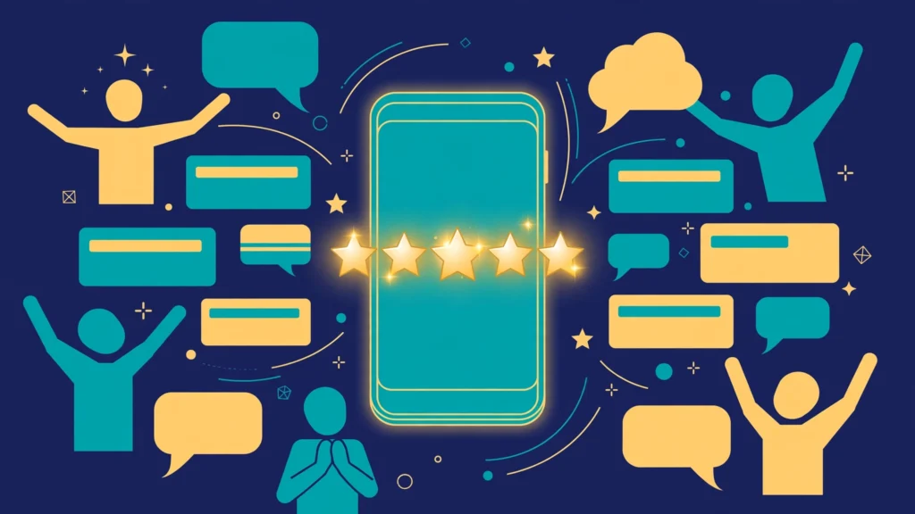 How to get Google reviews: smartphone with five gold stars surrounded by customer review cards