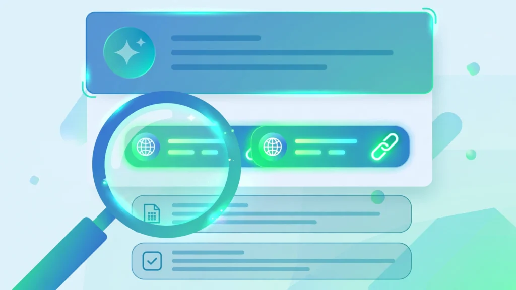 How to rank in Google AI Overviews: flat vector illustration of an AI-generated search answer with cited sources
