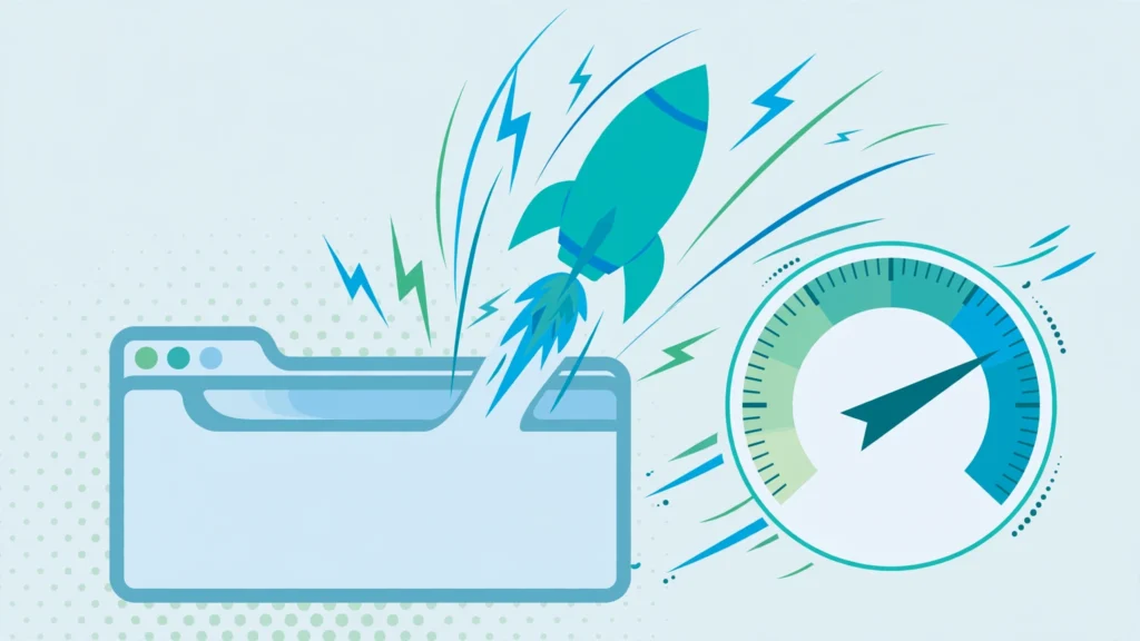 How to speed up WordPress: rocket launching from a browser window with a speedometer illustration