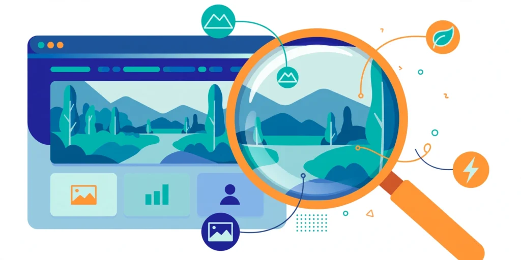 How to write alt text for SEO — magnifying glass revealing descriptive labels on a website photo
