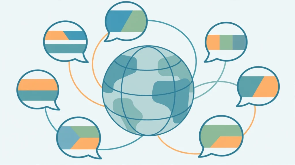 Flat vector illustration of a globe with language speech bubbles showing how hreflang tags work