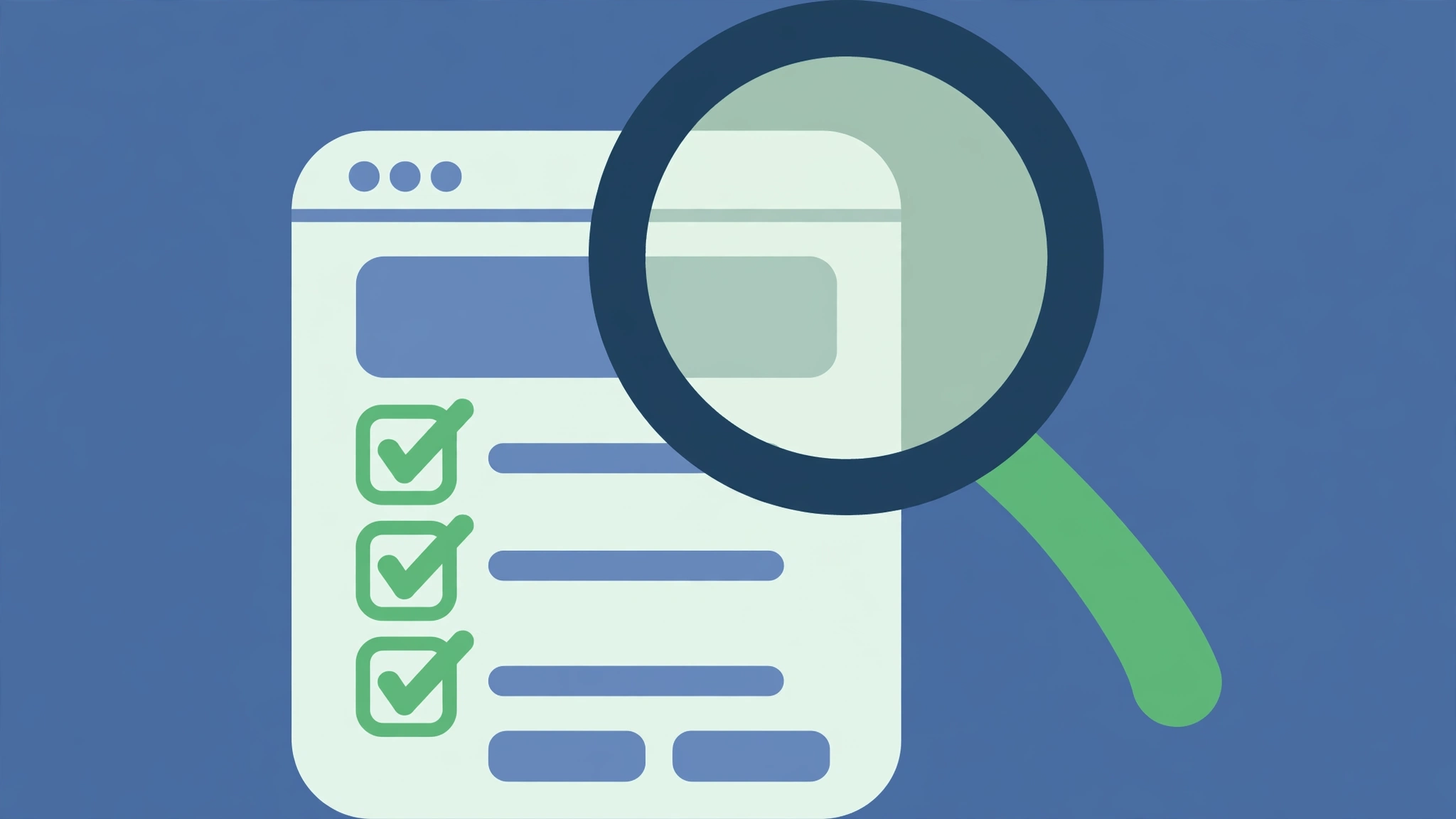 Flat vector illustration of a magnifying glass auditing hreflang tags on a webpage checklist