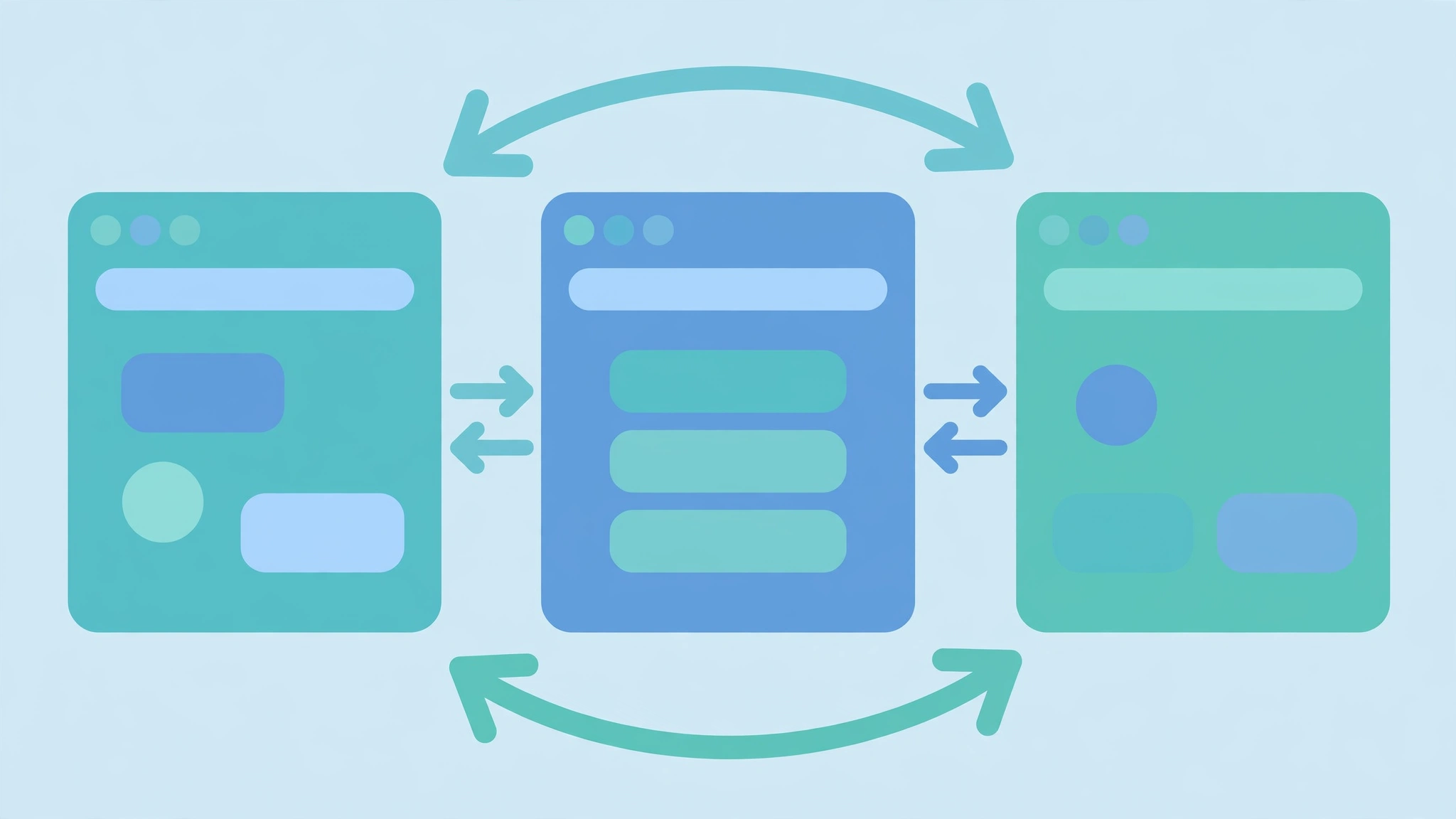 Flat vector illustration of three pages linked by bidirectional arrows for hreflang tags