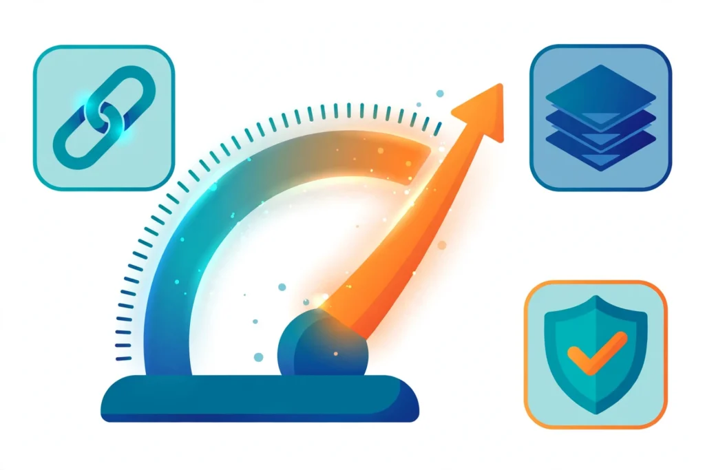 How to increase domain authority illustrated with a rising website authority meter