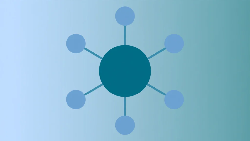 Flat vector diagram of an internal linking strategy with a central hub page connected to spoke pages