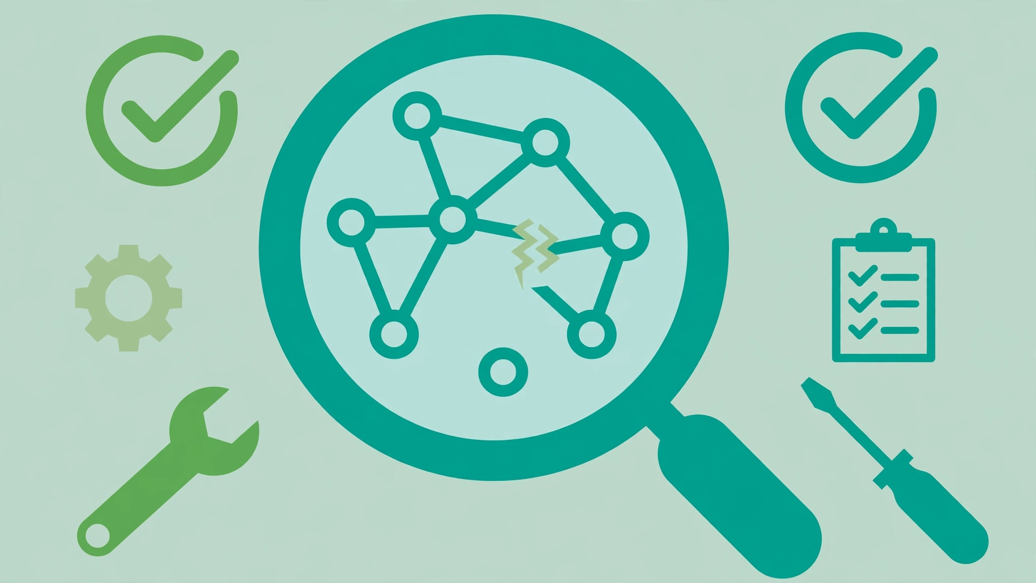 Flat vector illustration of an internal link audit finding orphan pages on a small site