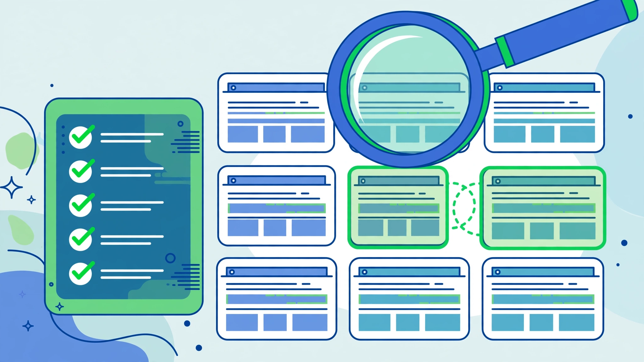 SEO audit magnifying glass examining website pages for keyword cannibalization duplicates