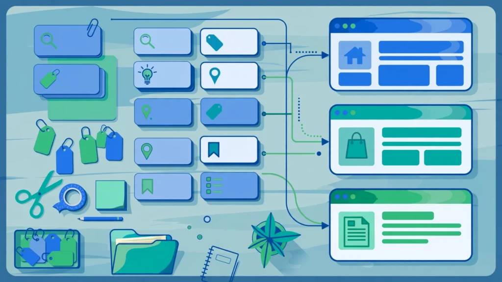 Keyword mapping strategy diagram showing keywords assigned to website pages