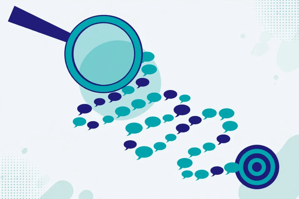 Long tail keywords illustration with magnifying glass and search queries