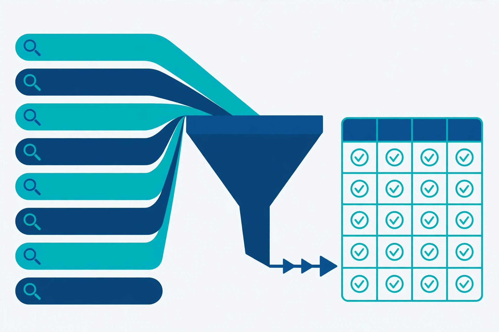 Long tail keywords funnel from search queries to spreadsheet