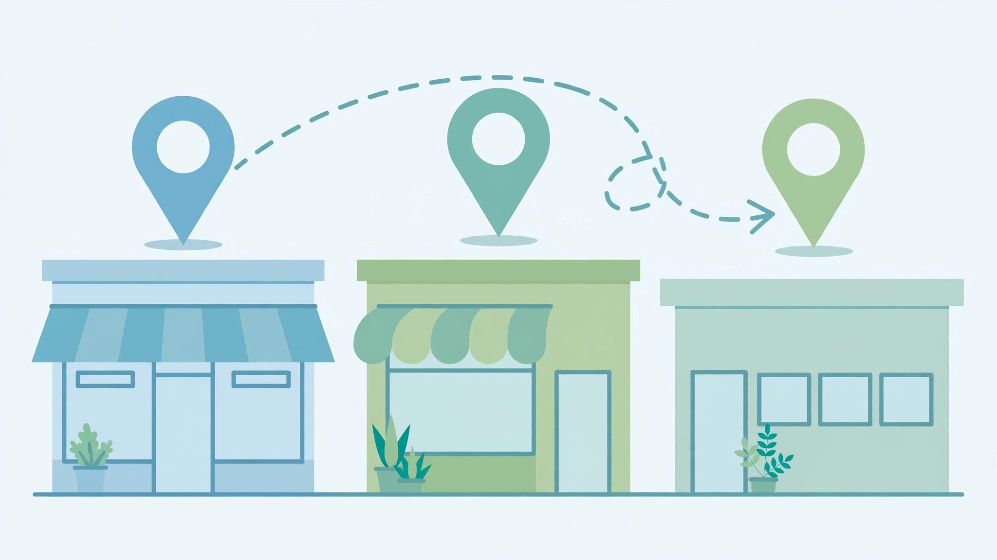 Flat vector of three storefronts with map pins showing unified multi-location local SEO management