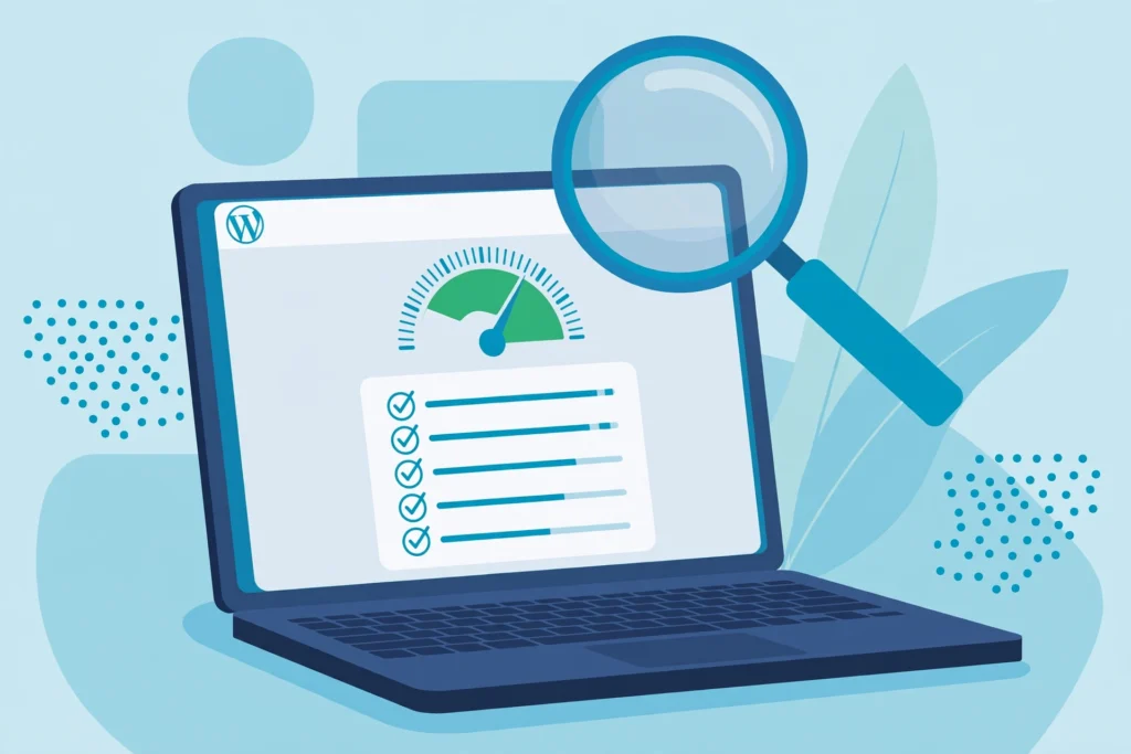 WordPress SEO plugin dashboard showing SEO score and checklist on a laptop illustration