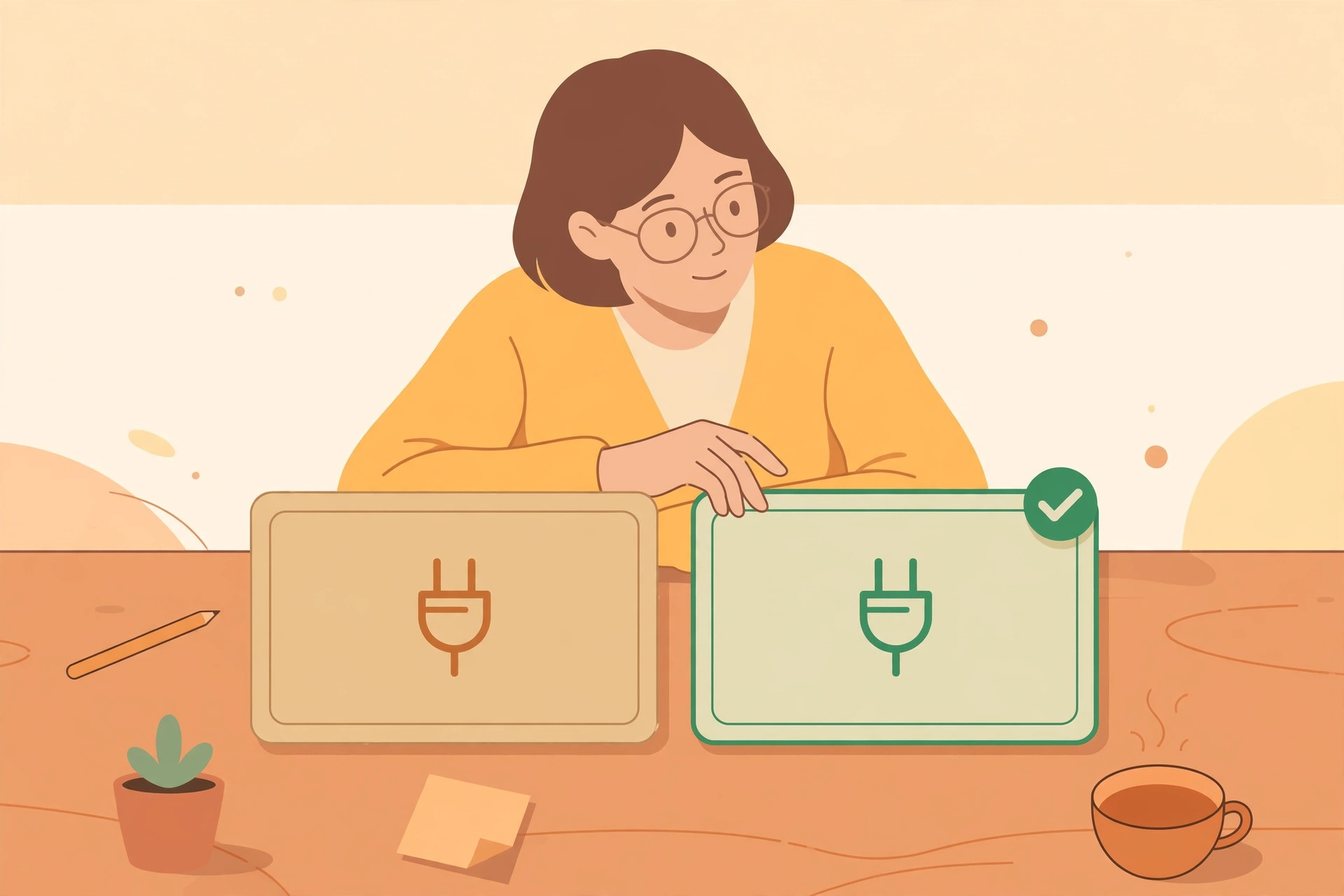 Person choosing between two WordPress SEO plugin options illustration