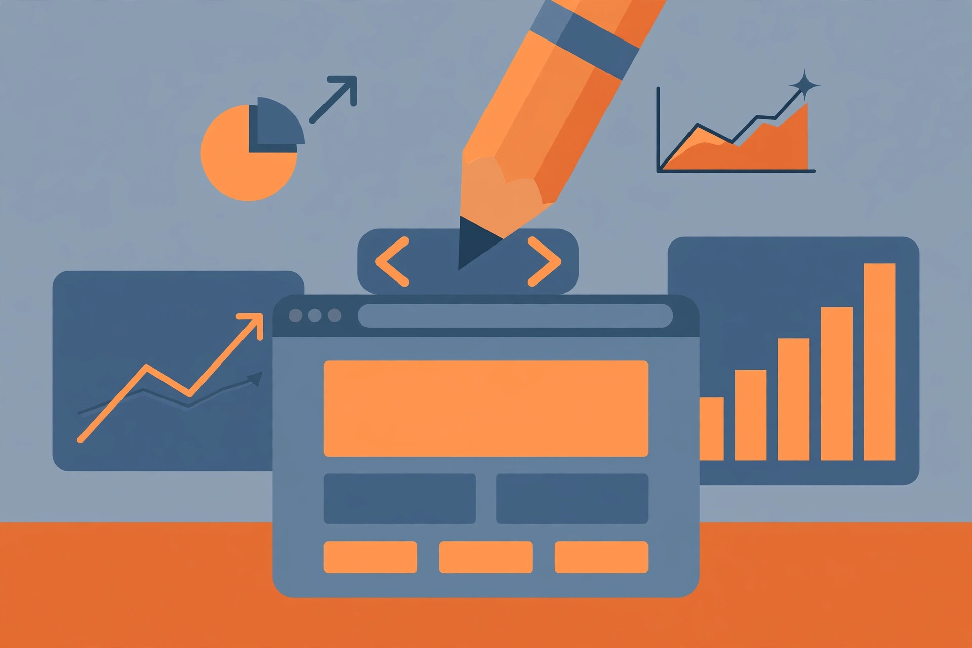 Editor rewriting a title tag with upward SEO analytics charts