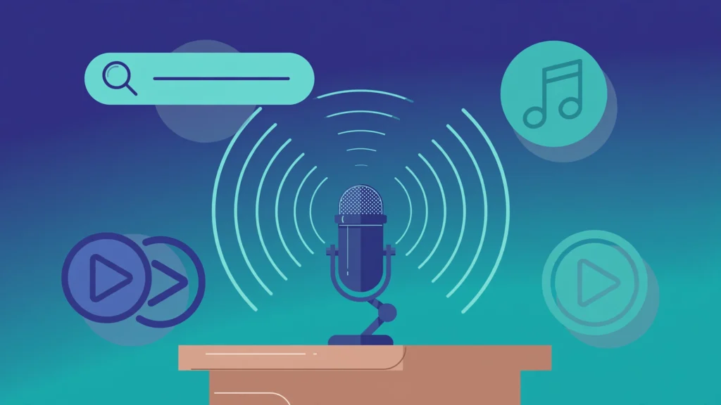Podcast SEO — podcast microphone surrounded by search and streaming platform icons illustration