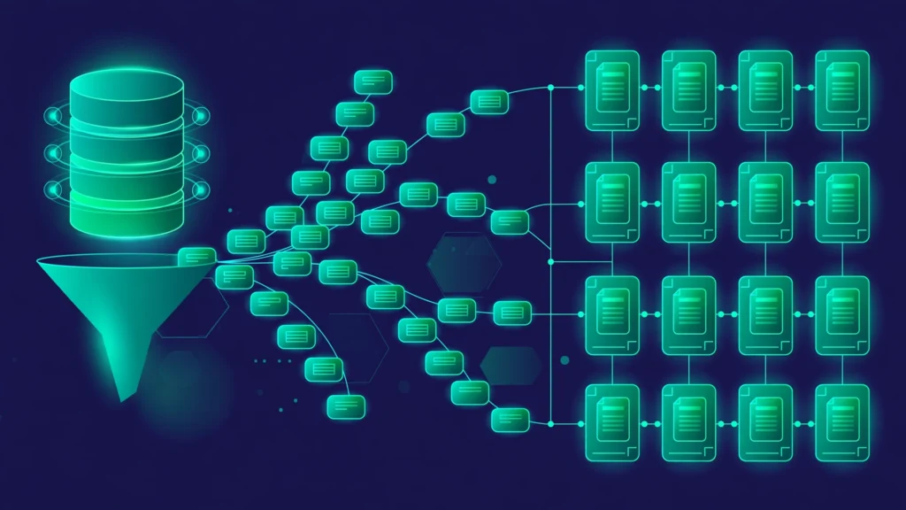 Programmatic SEO 2026: flat vector illustration of pages generated from a data engine