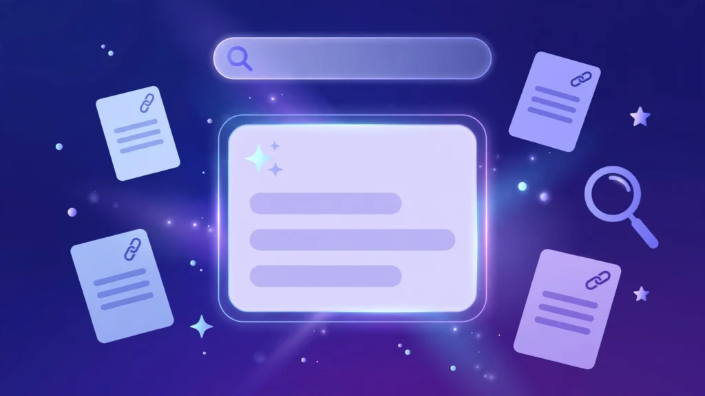 Flat illustration of an AI-generated search answer card with citation documents, representing how to rank in Google AI Overviews