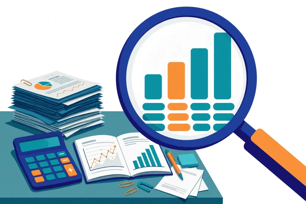 SEO for accountants — accountant's desk with calculator and rising search rankings illustration