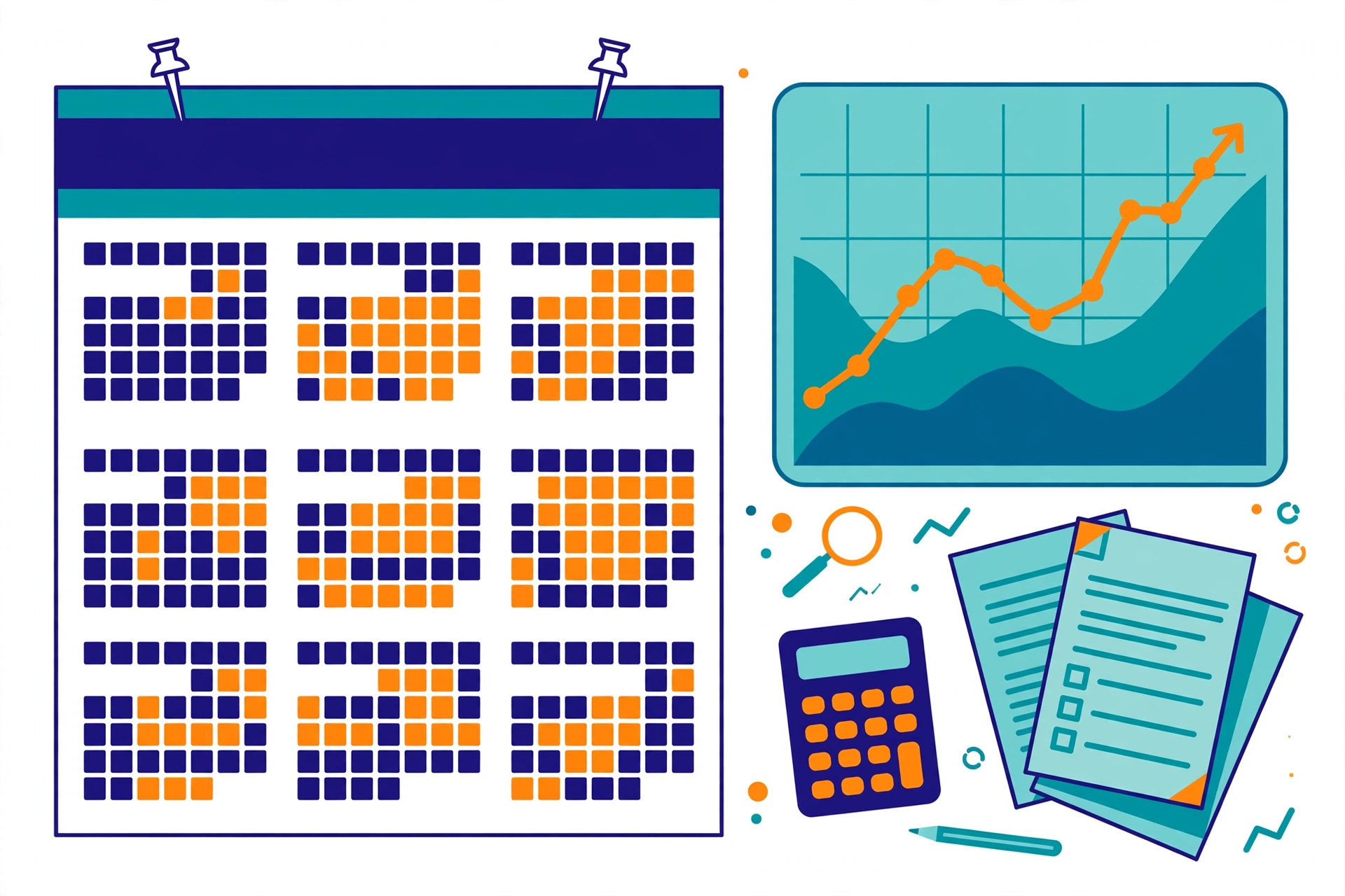 SEO for accountants tax-season content calendar with highlighted months and growth chart