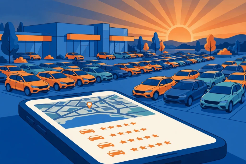 SEO for car dealerships — dealership lot beside a smartphone showing search results with map pins and star ratings