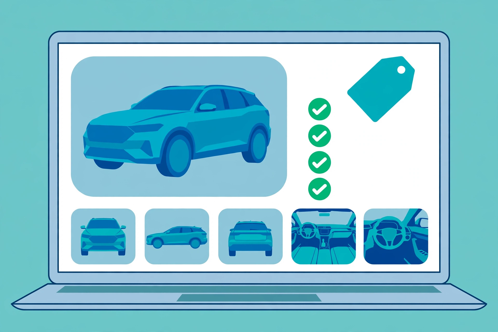 SEO for car dealerships vehicle detail pages — VDP quality checklist on a laptop illustration