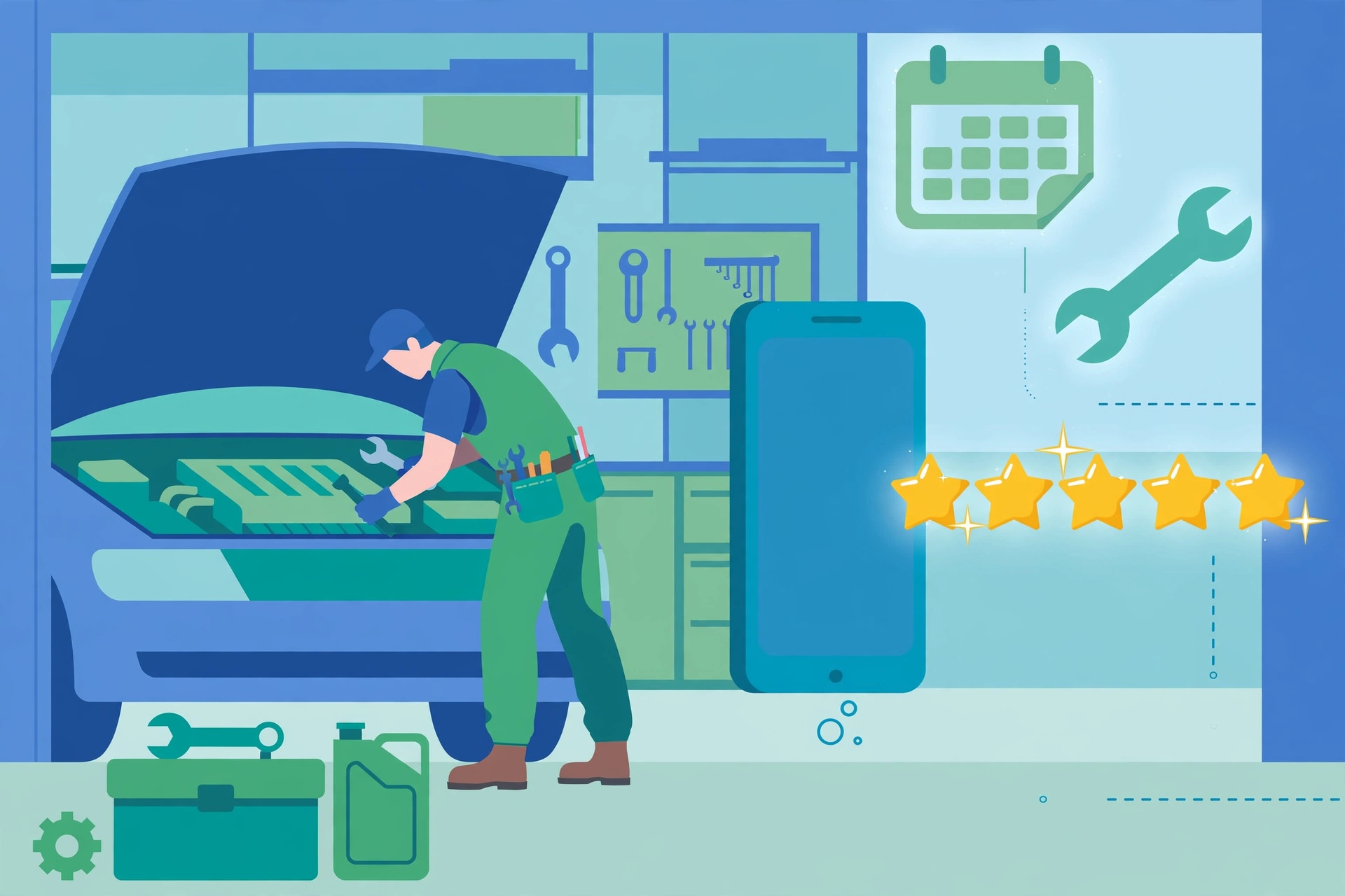 SEO for car dealerships fixed ops — service bay with mechanic and five-star reviews illustration