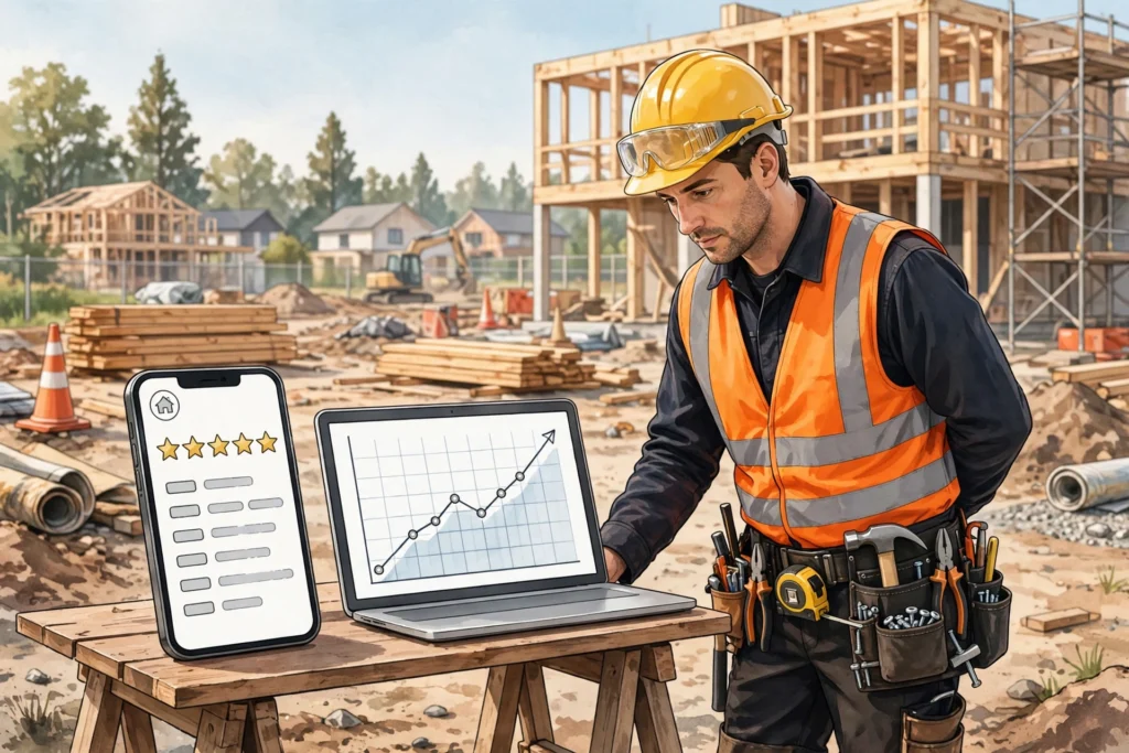 SEO for contractors — contractor beside a laptop showing rising local search rankings illustration