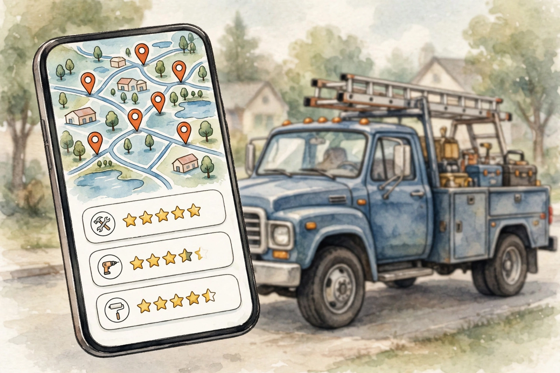 SEO for contractors map pack — smartphone showing top-ranked contractor listings with star ratings and map pins