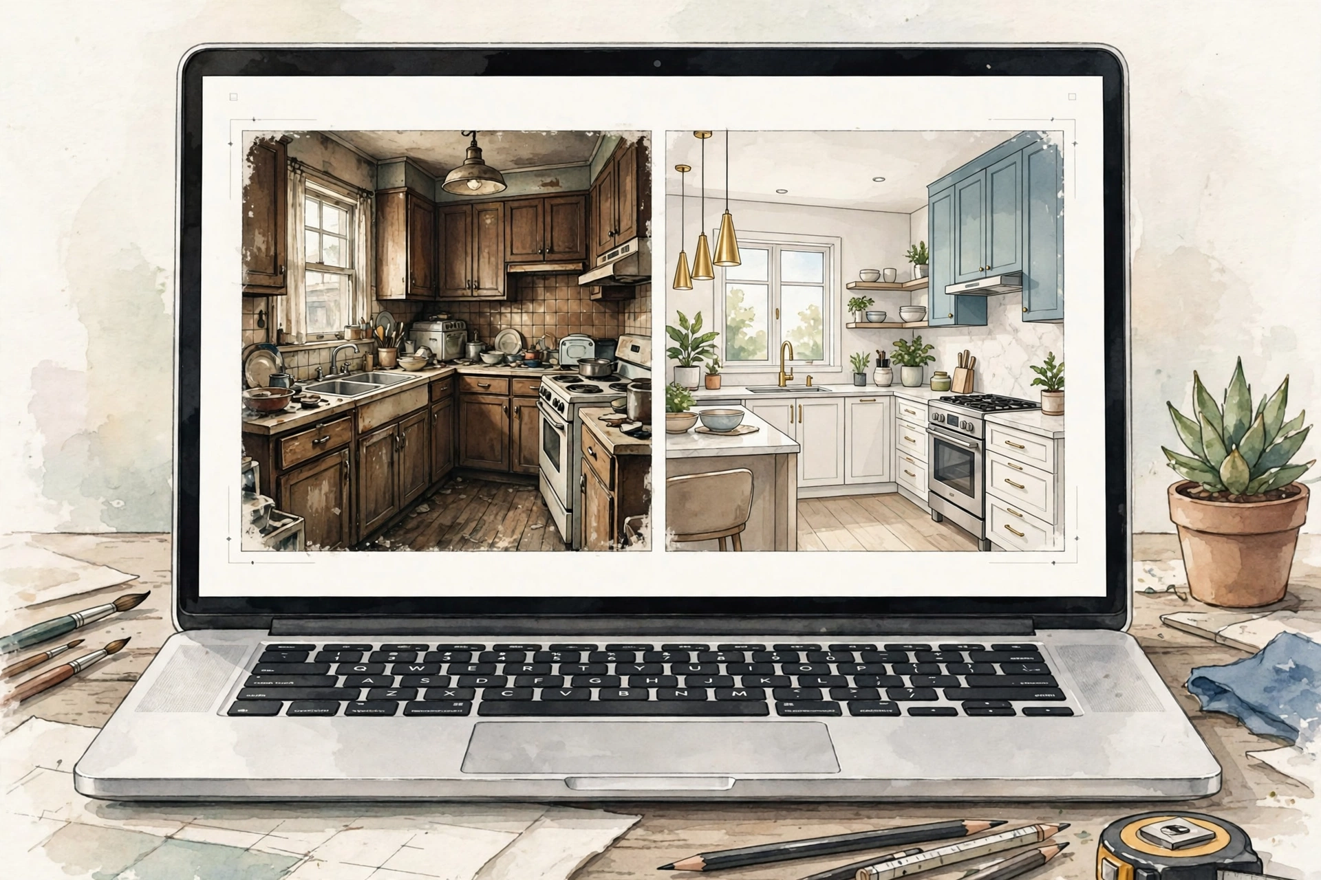 SEO for contractors portfolio — before and after kitchen remodeling project photos on a website page