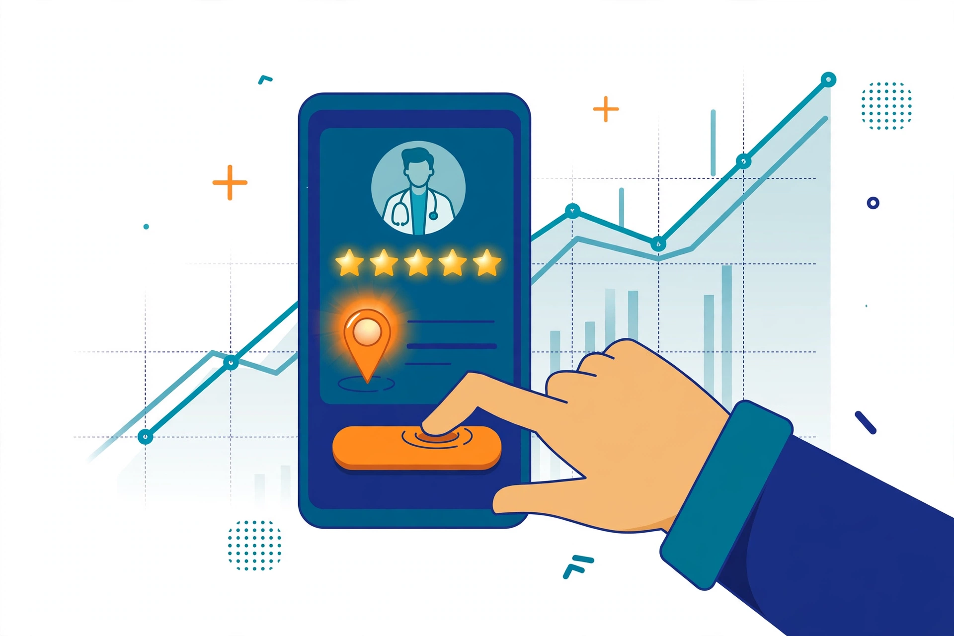 SEO for doctors map pack, smartphone showing top-ranked doctor listing with five stars and map pin