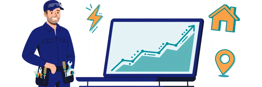 SEO for electricians — electrician in uniform beside a laptop showing rising local search rankings illustration