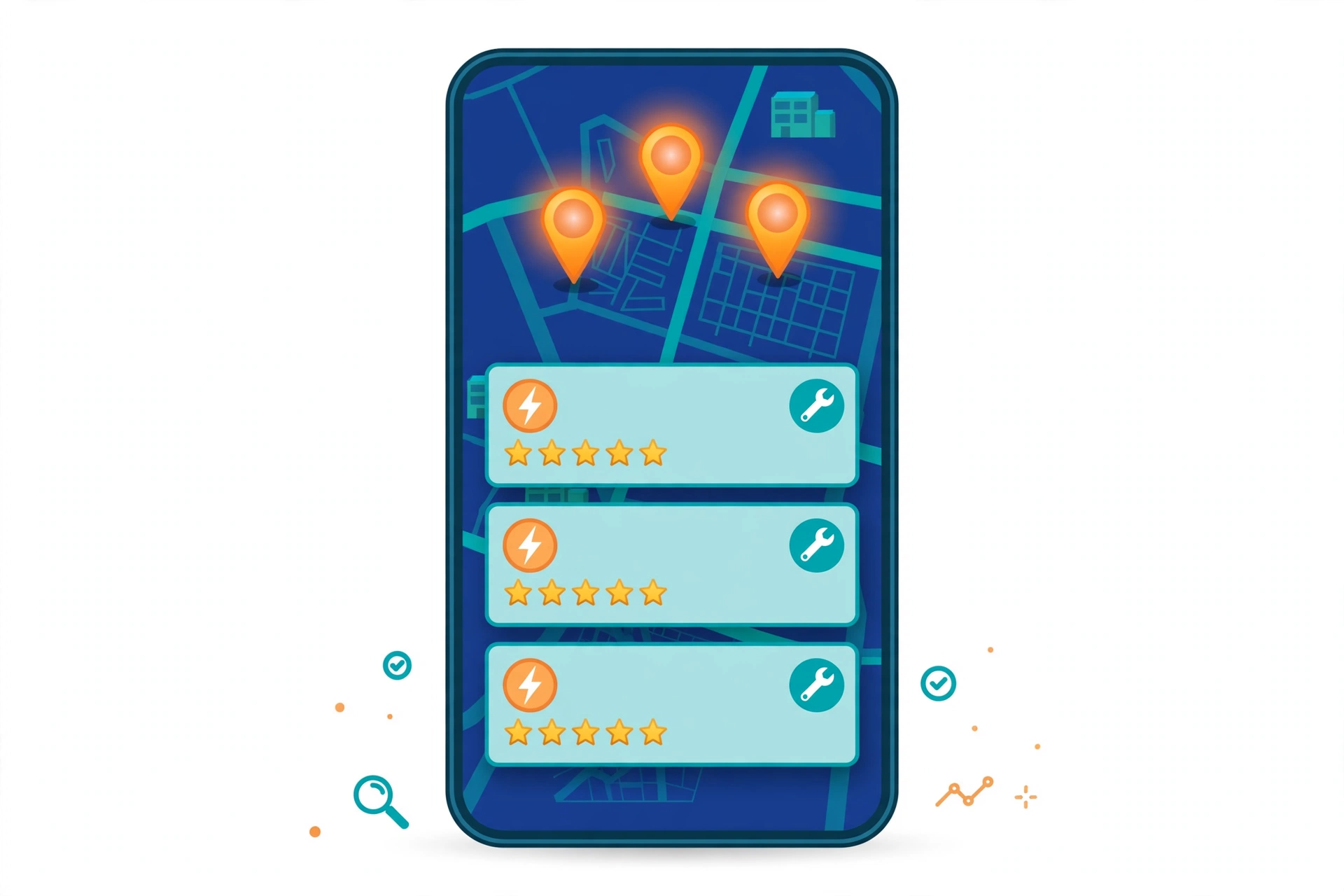 SEO for electricians map pack — smartphone showing top-ranked electrician listings with star ratings and map pins