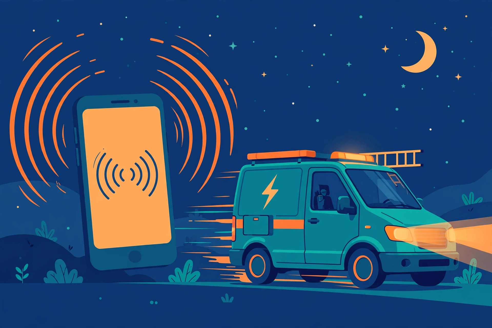 SEO for electricians emergency call — smartphone ringing at night with an electrician van illustration
