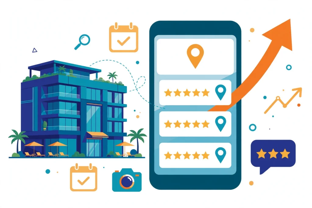 SEO for hotels — hotel building beside a smartphone showing top-ranked hotel search results with star ratings illustration