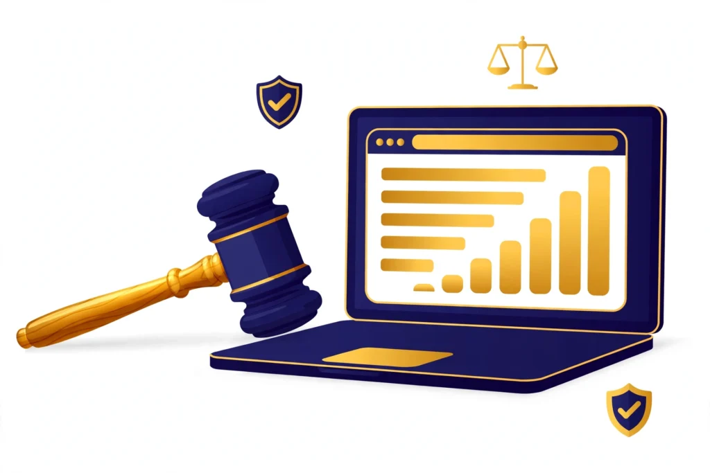 SEO for law firms — gavel beside a laptop showing rising search rankings illustration